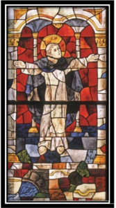 A stained-glass portrait of St. Dominic, arms outstretched.